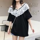 Off-shoulder Lace Trim T-shirt