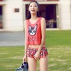 Set: Cat Print Bikini Top + Swim Skirt + Cover-up Top