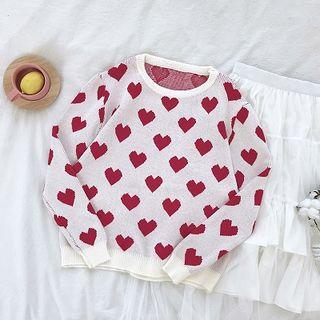 Heart Crewneck Long-sleeve Sweater White - One Size