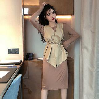 Set: Long-sleeve Midi Sheath Dress + Faux Leather Vest