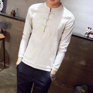 Long-sleeve Printed Button-detail Top