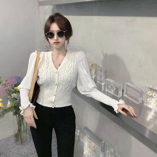 V-neck Color-block Pleated Long-sleeve Cardigan