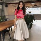 Striped Short-sleeve T-shirt / A-line Midi Skirt With Belt