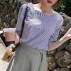 Square-neck Elbow-sleeve Striped T-shirt