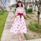 Elbow-sleeve Floral Chiffon A-line Midi Dress As Shown In Figure - One Size