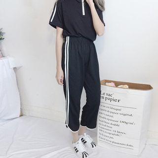 Short-sleeve Contrast-trim T-shirt / Cropped Sweatpants