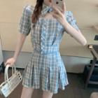 Set: Plaid Short-sleeve Shirt + Pleated A-line Skirt As Shown In Figure - One Size