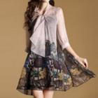 Printed 3/4 Sleeve Bow Accent Dress With Slipdress