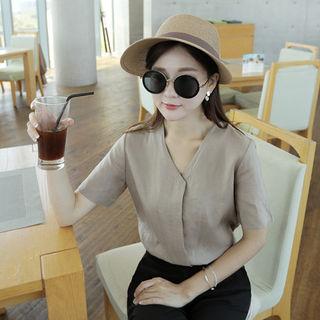 V-neck Short-sleeve Linen Blouse