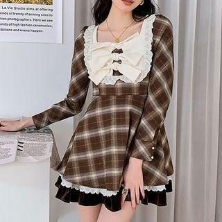 Long-sleeve Plaid Bow Accent Mini A-line Dress