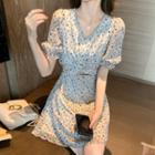 Puff-sleeve V-neck Floral Knotted Chiffon Dress