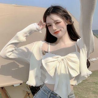 Bow Suspender Top / Lace Flower Trim Cardigan