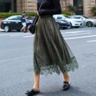 Velvet Lace-trim Accordion Pleat Midi Skirt