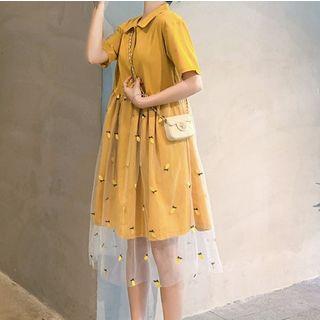 Elbow-sleeve Pineapple Mesh Overlay A-line Midi Dress