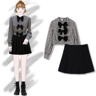 Bow Accent Plaid Blouse / Mini A-line Skirt