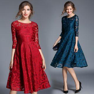 Short-sleeve Lace Panel A-line Dress White - M