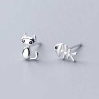 925 Sterling Silver Non-matching Cat & Fish Bone Earring 1 Pair - S925 - Earring - Silver - One Size