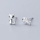 925 Sterling Silver Non-matching Cat & Fish Bone Earring 1 Pair - S925 - Earring - Silver - One Size