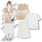 Plain Short-sleeve T-shirt / Printed Knit Vest / Midi A-line Skirt