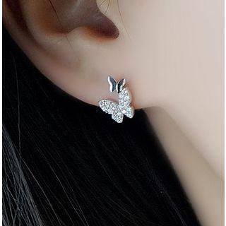 S925 Silver Rhinestone Butterfly Stud Earring Silver - 1 Pair - One Size