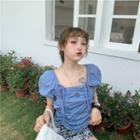 Balloon-sleeve Drawstring Blouse / Floral Print Mini A-line Skirt