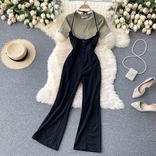 Set Of 2 : Round-neck Short-sleeve Top + High-waist Suspender Jumpsuit