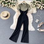 Set Of 2 : Round-neck Short-sleeve Top + High-waist Suspender Jumpsuit