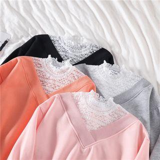 Lace Mock-neck Long-sleeve Loose-fit Pullover