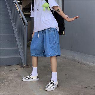 Drawstring Waist Cargo Denim Wide-leg Shorts