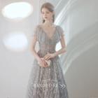 Short-sleeve Rhinestone Embellished Wedding Gown