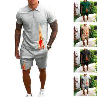 Set: Short-sleeve Print Polo Shirt + Sweatshorts