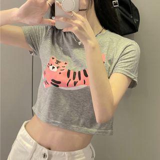Short Sleeve Tiger Printed Cropped Top