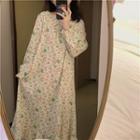 Long-sleeve Floral Print Sleep Dress Pink & Green & White - One Size