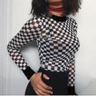 Long-sleeve Checker Mesh Top