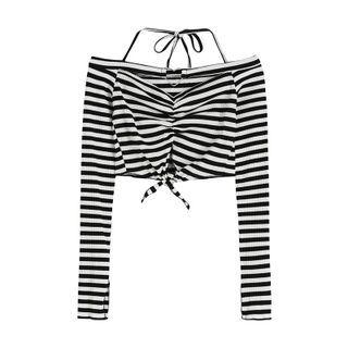 Long-sleeve Off-shoulder Striped Cropped Knit Top