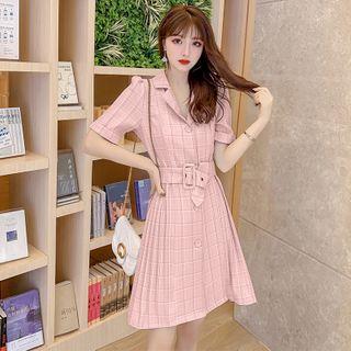 Short-sleeve Belted Plaid Mini A-line Dress