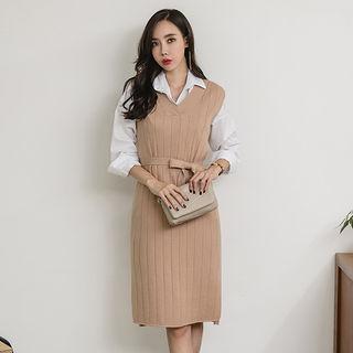 Set: Sleeveless Midi Rib-knit Dress + Shirt