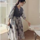 Set: Puff-sleeve Tie-dyed Midi A-line Dress + Button-up Vest
