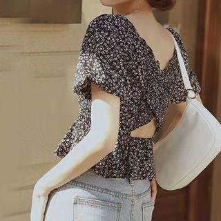 Puff-sleeve Open-back Floral Print Blouse