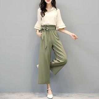 Set: Bell-sleeve Chiffon Blouse + Cropped Wide Leg Pants
