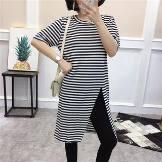 Striped Short Sleeve Slit-front T-shirt Dress