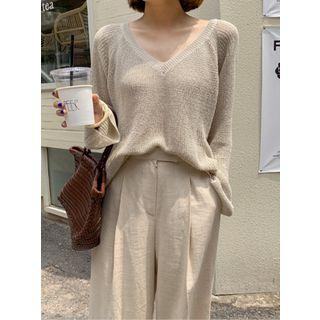 V-neck Raglan Boxy Rib-knit Top