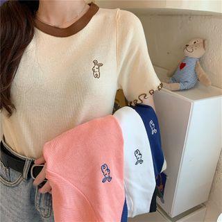Contrast Trim Animal Embroidered Knit Top
