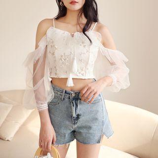 Cold-shoulder Floral Embroidered Mesh Blouse