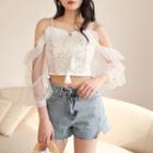 Cold-shoulder Floral Embroidered Mesh Blouse