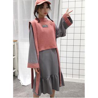 Set: Long-sleeve Dress + Side-tie Vest