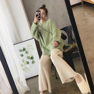 Set: Loose-fit Plain Sweater + Knit Wide-leg Pants