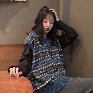 Long-sleeve Plain T-shirt / Pattern Vest