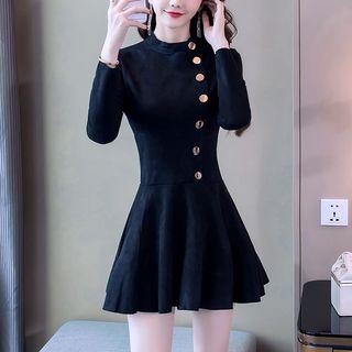 Buttoned Long-sleeve Mini A-line Dress