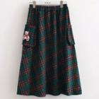 Bear Embroidered Plaid A-line Midi Skirt